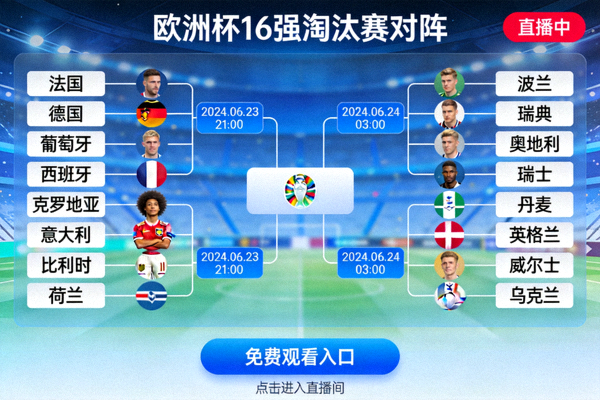 欧洲杯淘汰赛直播免费观看页面截图，展示16强对阵图